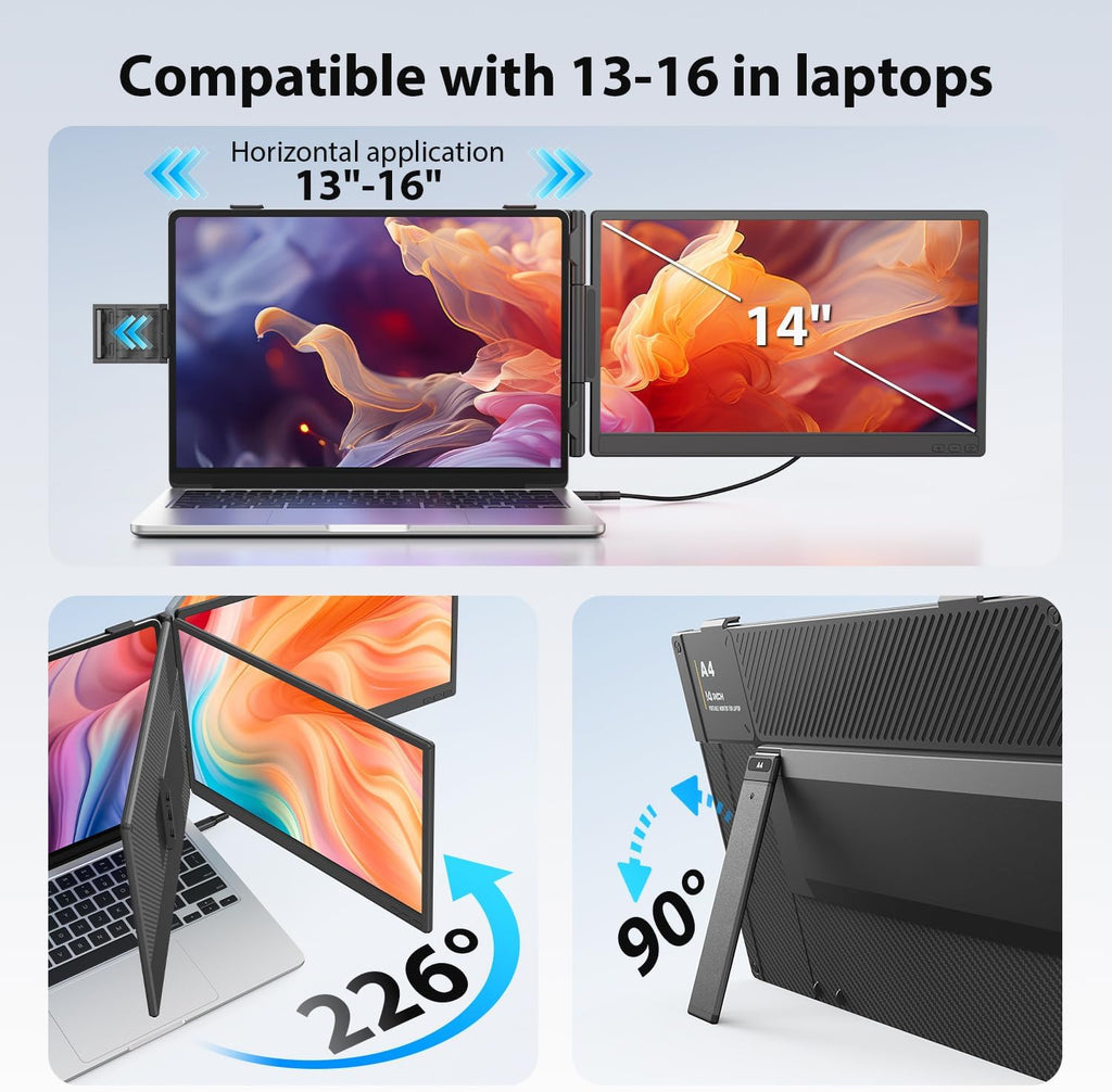 14'' Dual Laptop Screen Extender, 1080P FHD Laptop Extended Monitor Portable with Speaker, Plug-Play Second Monitor for 13-16'' Laptops, Work with Mac, Window, Chrome
